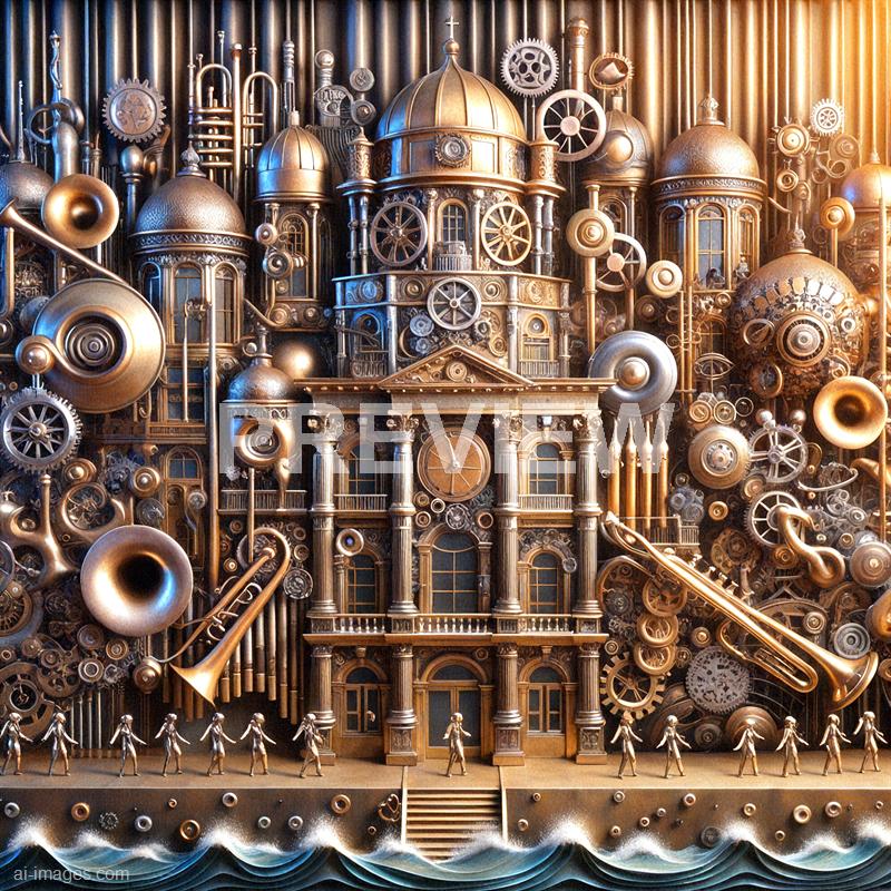 The image depicts an elaborate and fantastical architectural structure made entirely of metallic components, resembling a grand, steampunk-inspired building. The facade is adorned with numerous gears, pipes, domes, and columns, creating a complex and intricate design. The structure appears to be floating above stylized waves, with a line of small, humanoid figures holding hands at the base, adding a sense of scale and whimsy to the scene.